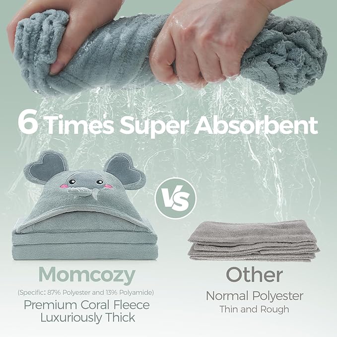 Momcozy Hooded Baby Towels-Visualize Health Label - Soft & Absorbent Coral Fleece Towel for Comfort & Warm - Bath Essential or Shower Gift for Newborn, Toddler and Kids (Large 28 x 55 Inch, 2 Pack)