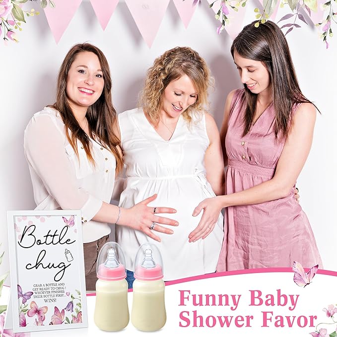 Roowest Bottle Chug Baby Shower Game Favors Including Pink Butterfly Theme Wooden Sign and 18 Pcs Baby Bottles for Gender Reveal Party Supplies