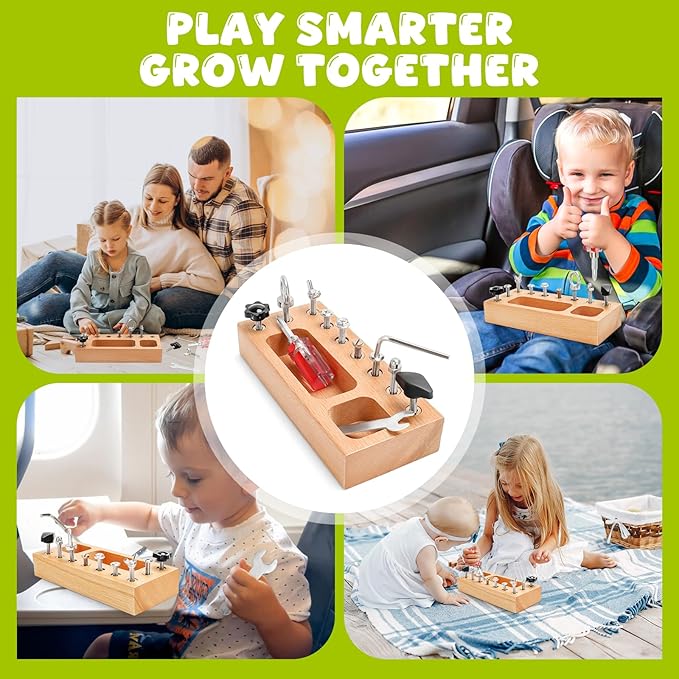 Montessori Busy Board for Toddlers 1-3 Years, Wooden Screwdriver Activity Board, Fine Motor Skills & Sensory Development Toy, Preschool Learning & Travel