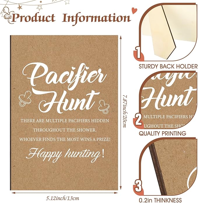 Thyle 51 Pcs Pacifier Hunt Baby Shower Games Include Hunt Sign and 50 Acrylic Pacifiers for Baby Shower Game Decoration Gift Sets Gender Reveal Party Decor(Kraft)