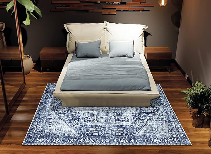 Bloom Rugs Washable Non-Slip 6' x 9' Rug - Blue/Ivory Traditional Area Rug for Living Room, Bedroom, Dining Room, and Kitchen - Exact Size: 6' x 9'