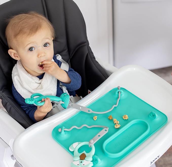 BUSY BABY Silicone Mat - New and Improved Suction Cups, 4 Straps to Secure Baby Essentials, Self Feeding, Baby Led Weaning, Travel Sleeve Included (Pewter)