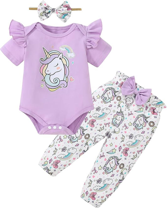 DISAUR Baby Girls Clothes Newborn Infant Baby Girls Outfit Long Sleeve Ruffle Romper Floral Pants Headband Sets 0-18 Months