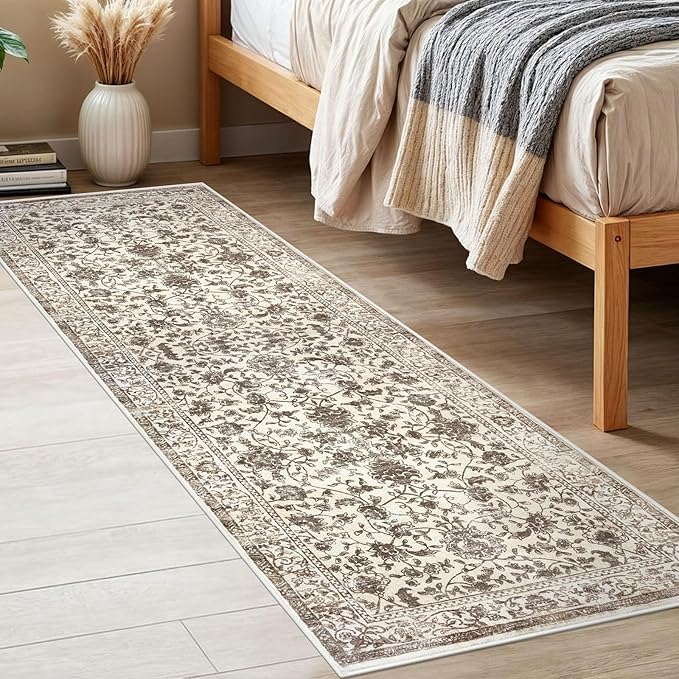 KILOCOCO Hallway Runner 2x6 Rug Runner Printed Vintage Floral Washable Kitchen Runners Non-Slip Rubber Backed Runners for Hallways Laundry Room Distressed Boho Rugs for Entryway Bedroom, Beige/Brown