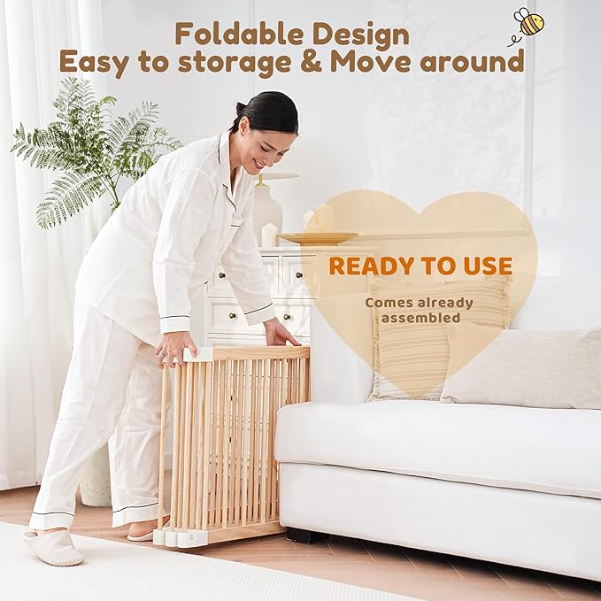 Wooden Playpen & Play Yards for Babies and Toddlers, Foldable Wood Baby Play Fence with Locking Gate, Kids Activity Area Center Indoor Outdoor, Pinewood