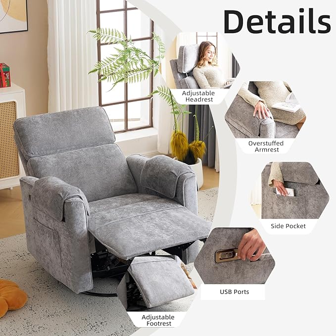 Oversized Power Recliner Chair, 26" Extra Wide Swivel Rocker Recliner with Adjustable Headrest, Chenille Glider Rocking Nursery Chair with Overstuffed Armrest, USB Ports, Grey