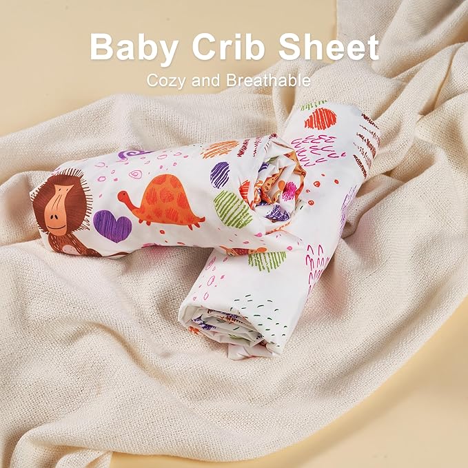 TILLYOU Baby Crib Sheets for Boys Girls, Super Soft Toddler Bed Sheets, 2 Pack Sheets for Standard Crib Mattress 28x52in, Animal Graffiti