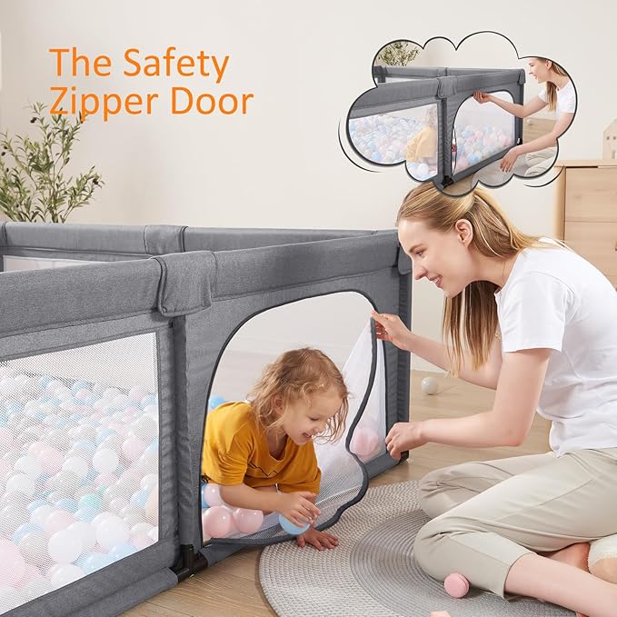 Cholena 79"x59" Foldable Baby Playpen with Bottom – Play Yard for Contained Play Space, Indoor Safety Fence with Zipper Door(Cationic Light Grey)