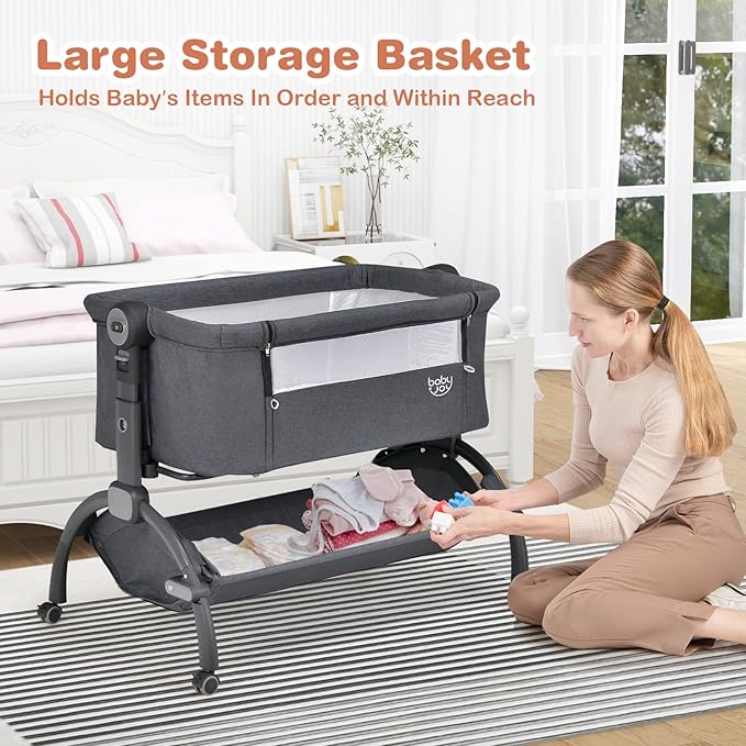 BABY JOY Baby Bassinet, 3-in-1 Rocking Bassinet w/Storage Basket, Double-Lock Design, 7 Adjustable Heights, Soft Mattress & Portable Travel Bag, Bassinet Bedside Sleeper for Newborns Infants (Gray)