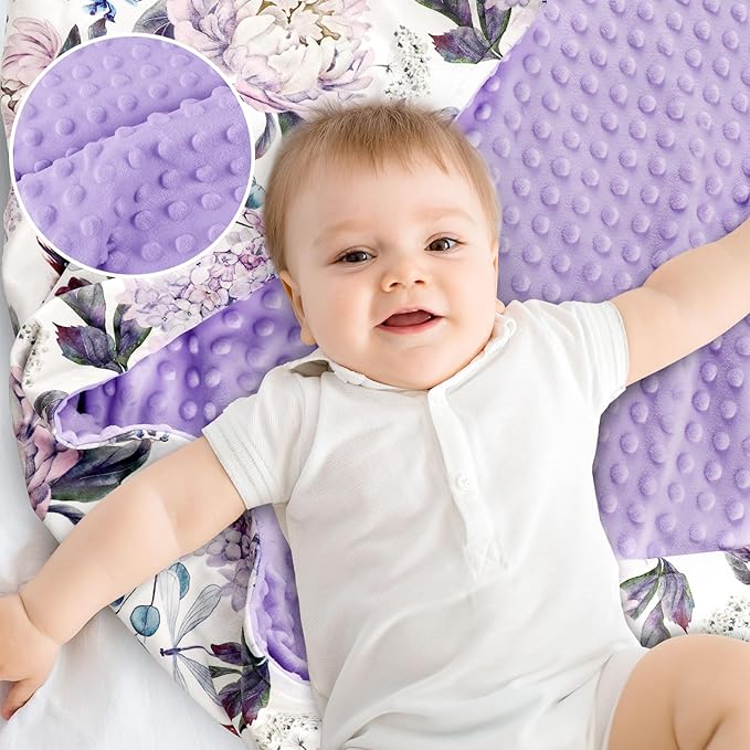 Purple Baby Blankets, Floral Minky Toddler Blanket for Boys Girls, Dotted Backing, Double Layer, Crib Receiving Blanket, for Nursery/Stroller/Toddler Bed/Carseat, 30 x 40 Inch