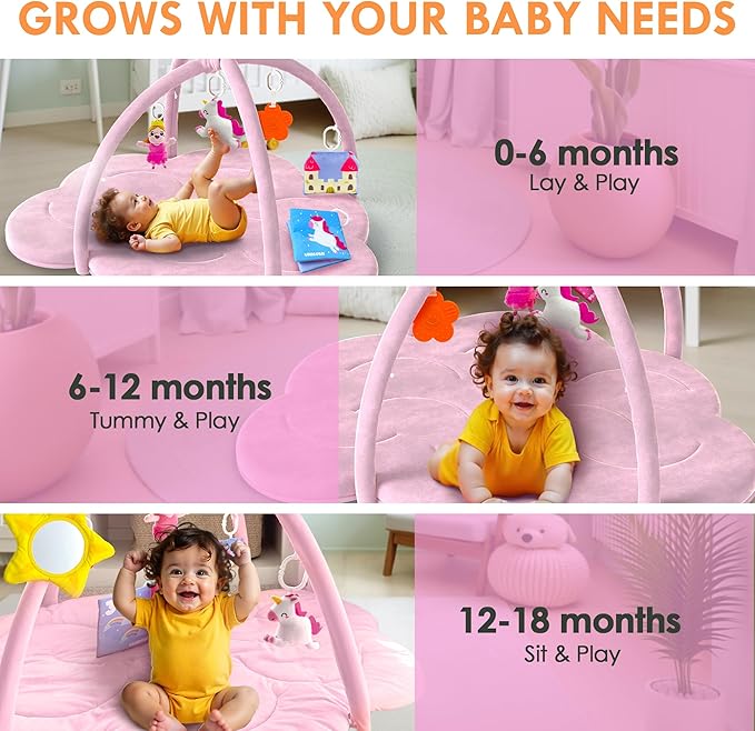 QUOKKA Baby Play Gym XL – Unicorn-Themed Baby Play Mat with 6 Large Sensory Toys – Tummy Time Mat for Infant Development – Machine Washable Newborn Essentials Must Haves – Gender Neutral Gift Items