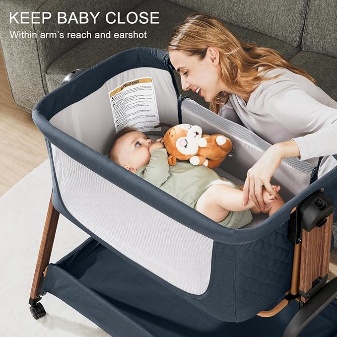 3 in 1 Baby Bassinet, Rocking Bassinets with Comfy Mattress and Wheels, Adjustable Height Bassinet Bedside Sleeper, Easy Folding Portable Crib for Newborn (Navy Blue)