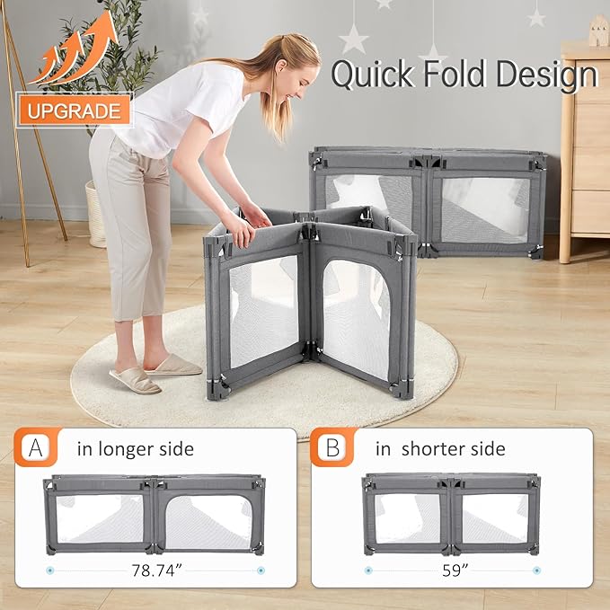 Cholena 79"x59" Foldable Baby Playpen with Bottom – Play Yard for Contained Play Space, Indoor Safety Fence with Zipper Door(Cationic Light Grey)