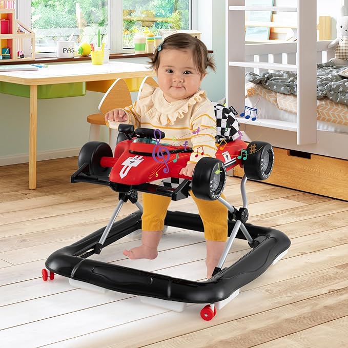 BABY JOY 4-in-1 Baby Walker, Foldable Activity Walker with Push Mode, Adjustable Height, Lights, Anti-Rollover, Baby Walker with Wheels for Boys Girls 6-18 Months (Red)