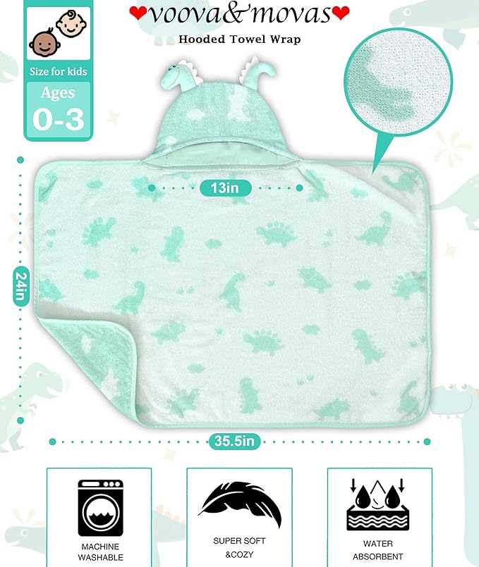 VOOVA & MOVAS Baby Hooded Bath Towel - 100% Cotton, 35.5x24 Inches,0-3Years, Super Absorbent Large Hood with Cute Dino for Newborn, Baby, Toddler,Dino