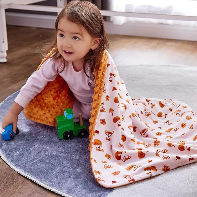 DaysU Silky Micro Soft Plush Baby Blankets Unisex with Print Animal Pattern and Soothing Raised Dots, Double Layer Bed Throws for Toddler Cot, Fox, Orange, 50x60 Inches