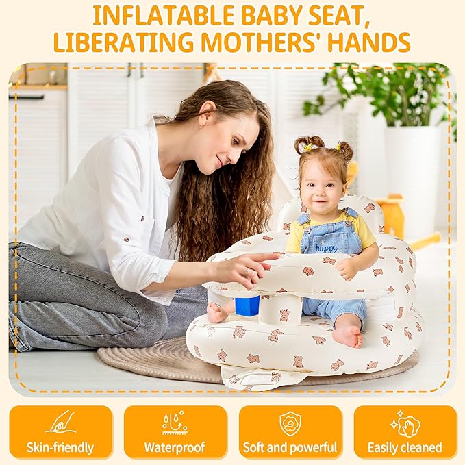 Inflatable Baby Seat for Babies 3-36 Months, Sit Up Chair Built in Air Pump Blow Up Infant Back Support Floor Seat for Bebe 3 Months & Up, Large Space Inflatable Baby Chair (Biscuit Bear-Large)
