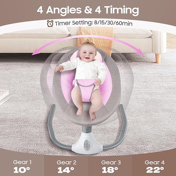 Electric Baby Swings for Infants, Pink Baby Swing with Remote Control, 5 Sway Speeds, Built-in 12 Lullabies, Compact Automatic Toddler Rocker for 0-18 Months & Max39Lbs