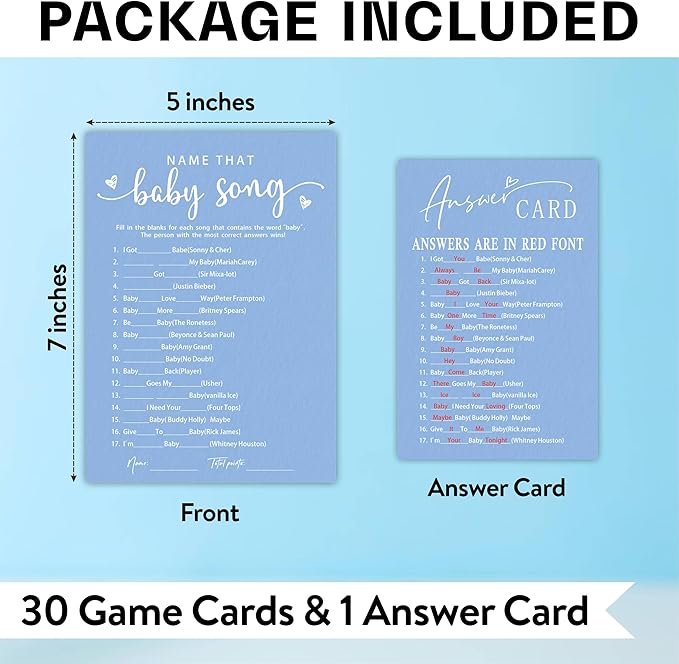 EXW Baby Shower Games for Boy Or Girl, Name That Baby Song, Funny Baby Shower Game Cards, Gender Neutral, Baby Shower Party Supplies & Decorations, 30 Game Cards & 1 Answer Card -B11