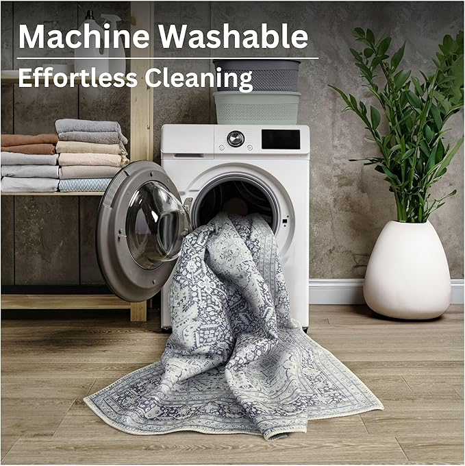 Bloom Rugs Washable Non-Slip 10 ft Runner - Charcoal Blue Traditional Medallion Runner for Entryway, Hallway, Bathroom, and Kitchen - Exact Size: 2.5' x 10'
