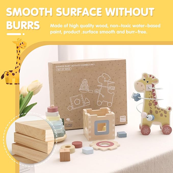 FReniland Montessori Toys for 1 Year Old,3-in-1 Wooden Baby Toys,Wooden Stacking Toy,Toddler Shape Sorting Cube, Giraffe Ring Toy,Newborn Baby Gift Sets for Boys and Girls