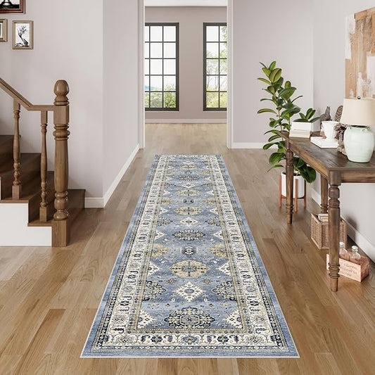 Dripex Hallway Runner Rug 2x10, Washable Rug Kitchen Rug Non Slip with Rubber Backing Soft Thin Vintage Carpet Runner for Entryway Bedroom Bathroom Laundry Room Living Room Decor, Blue Cream Multi