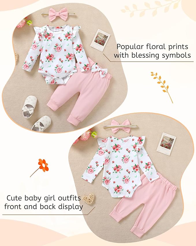 YALLET Baby Girl Clothes Newborn Infant Girl Outfits Floral Romper+Pants+Headband Fall Baby Layettes for Clothing 0-18 Months