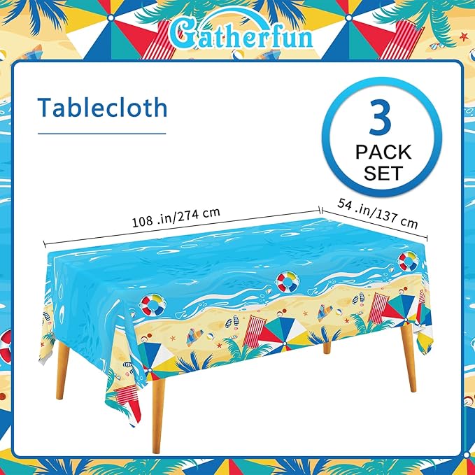 Beach Theme Party Supplies Summer Pool Disposable Tablecloth Plastic Waterproof Table Cover for Hawaiian Party Birthday Decorations, 3 Pack 54X108inch