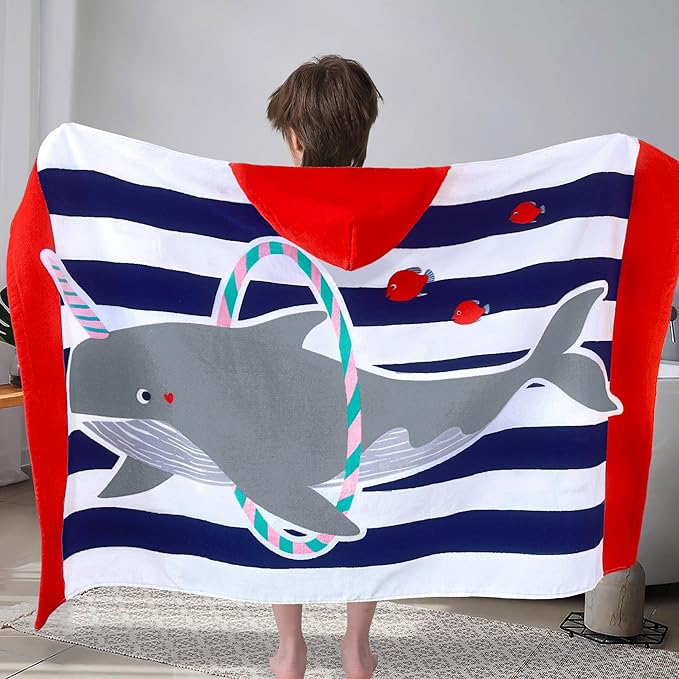 VOOVA & MOVAS Hooded Beach Towels for Kids,(3-10 Years, 30''X50),Absorbent 100% Cotton Towel Wrap for Boys, Perfect for Toddler Beach, Pool, Bath, Swimming, Hula-Hooping Narwhal