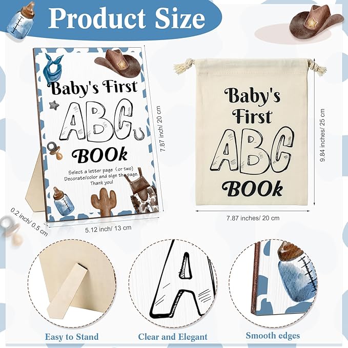 Geelin 51 Pcs Fun Baby Shower Game Activities First Abc Book Sign Coloring Game Card 26 Alphabet a to Z Coloring Card with 24 Watercolor Pen Storage Bag for Baby Shower Party(Cowboy)