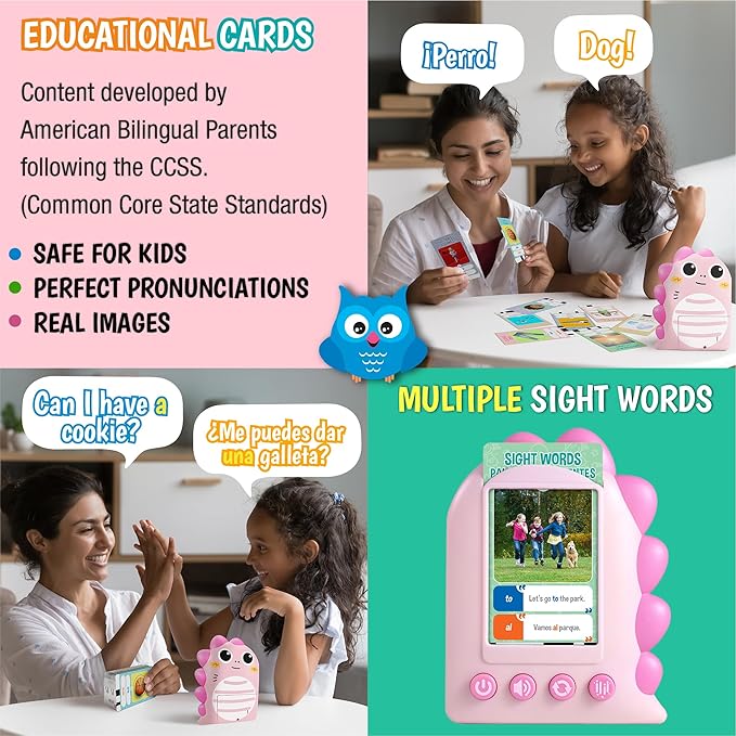 GUFINO – Spanish English Bilingual Flashcards for Toddlers 3-5 Years – Montessori Toys for 3+ Year Old, Preschool Supplies Learning Resources – Juguetes para Niñas de 3 Años o mayores. Pink