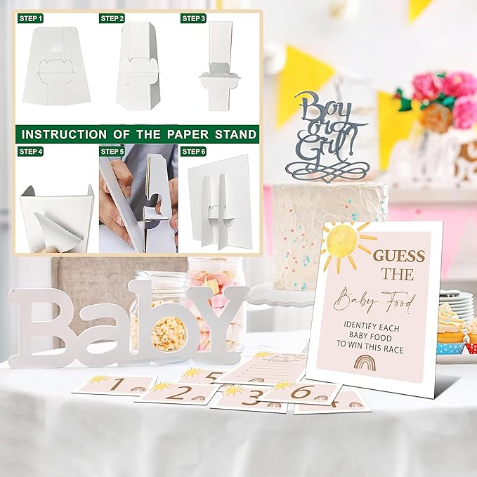 Guess the Baby Food Game Shower, 8x10 Inches Sign 25 Answer Cards and 6 Number Cards, Boho Sunshine Shower Party Decorations Supplies Favors - E04