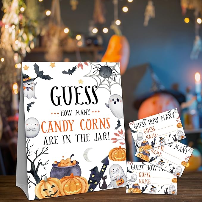 Halloween How Many Candy Corns Are In The Jar - 1 Standing Sign & 50 Guessing Cards - Cute Halloween Party Game & Decoration For Boys, Girls, Adults - Baby Shower, Birthday Game Set - A05