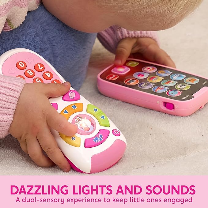 JOYIN Baby Learning Phone and Remote Toy for Toddler, Pink Smartphone Toys with Music for Infants, Kids, Girls, Holiday Stocking Stuffers, Birthday Gift