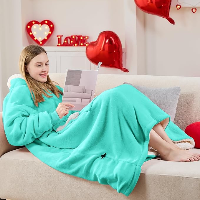 yescool Wearable Blanket Hoodie - Gifts for Women Her Girlfriend, Birthday Christmas Gifts For Mom, Oversized Flannel Sherpa Blanket Sweatshirt, One Size Fits All (Teal)