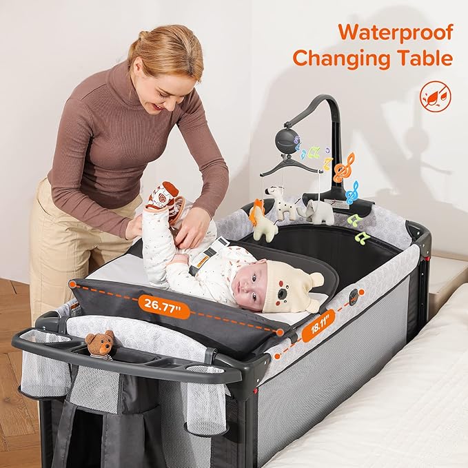 ELEMARA 50" Babies Bassinet Bedside Crib with Diaper Changer,Pack and Play with Mattress and Blackout Cover for Baby,4 in 1 Playpen Travel Bed with Storage,Playard with Adjustable Height
