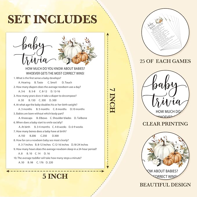 Fall Baby Shower Games, Baby Trivia Themed Gender Reveal Party Game, Fall Festival Games Cards With Pumpkin Design, Boho Baby Shower Games, Thanksgiving Party Supplies -02