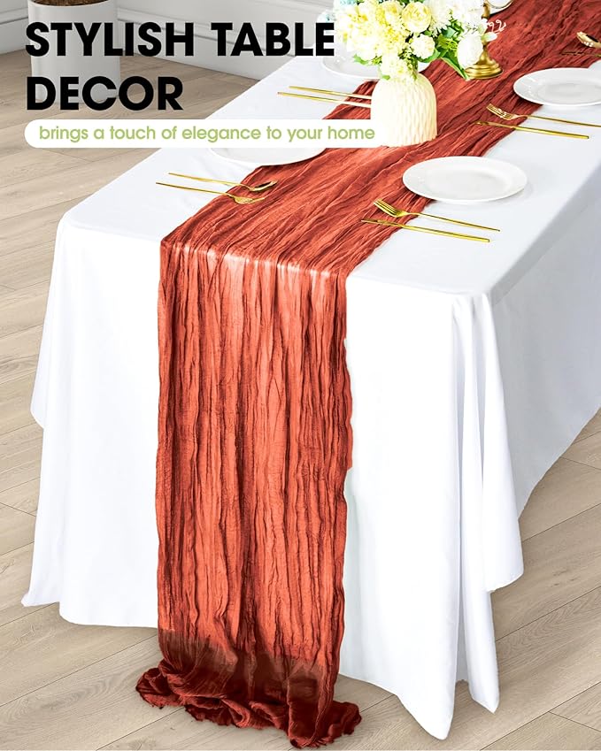 Pureegg 2-Pack Cheese Cloths Table Runner, 120'' Boho Table Cloth Decorations for Party, Baby Shower, Wedding and Farmhouse, Fabric Room Decor, Terracotta