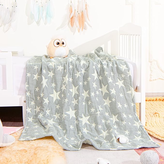 NTBAY 3 Layer Toddler Blanket, Muslin Cotton Jacquard Bed Blankets, Lightweight Thermal Baby Blanket, Super Soft and Warm Crib Blanket for All Seasons, Decoration Gift, 30"x40", Grey Star