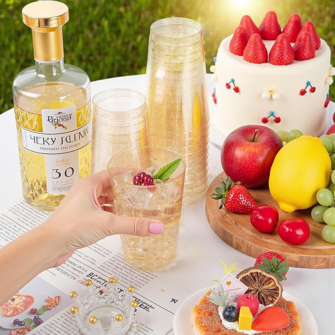 supernal 100pcs Gold Plastic Cups 12 oz, Glitter Clear Disposable Cups Heavy Duty, Fancy Plastic Cocktail Tumblers for Wedding, Thanksgiving, Christmas, Parties Champagne & Mixed Drinks