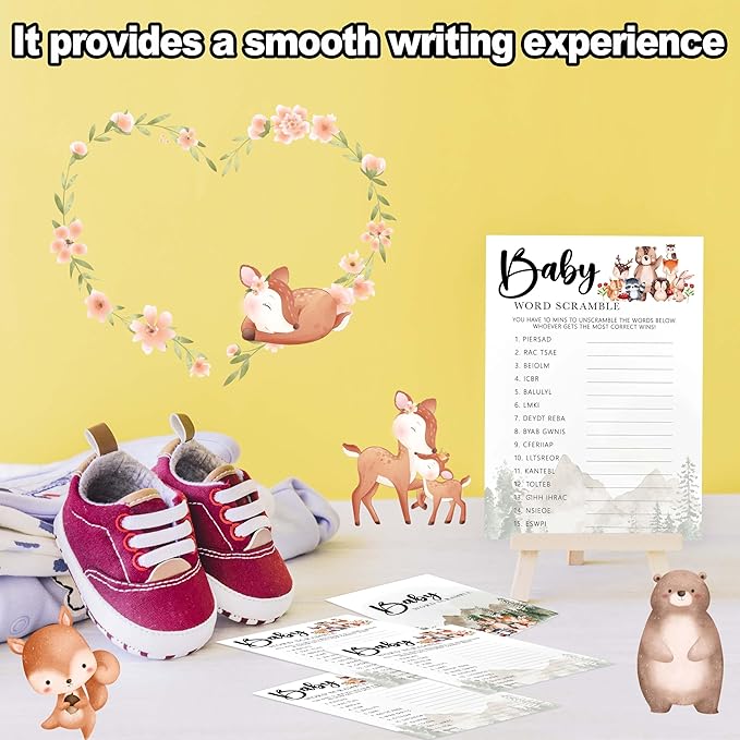 Baby Shower Games for Girl, 30 Safari Animals Baby Word Scramble + 1 Answer Card, Woodland Gender Reveal Party Decorations Supplies Favors - C07