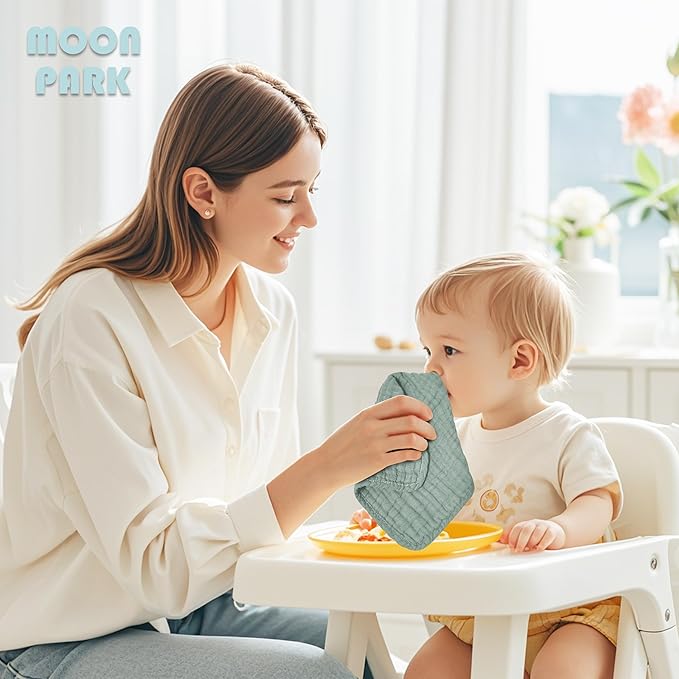 MOON PARK Baby Washcloths, 12 Pack - 12x12 Inches, Small Burp Cloths and Baby Wipes - 100% Cotton Muslin Ultra Soft for Newborn, Infant and Toddlers - Green