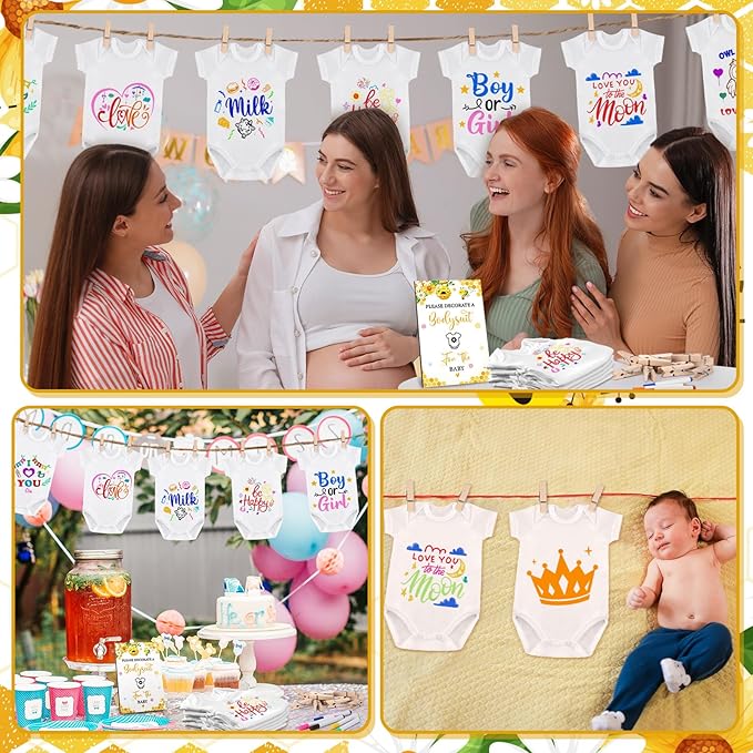 Panitay 126 Pcs Baby Shower DIY Bodysuit Set Rustic Kraft Baby Shower Game Sign DIY Bib 25 Blank White Newborn Bodysuit 25 Stencils 24 Marker 1 Sign 50 Pins for Gender Reveal(Bee)