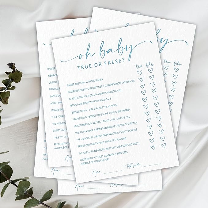 True or False Game Set For Baby Shower - Minimalism White & Blue - 30 Double-Sided Fill In Style Game Cards & 1 Answer Card For Gender Reveal, Baby Announcement, Party Favor & Supplies - C01