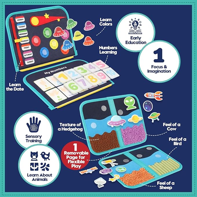 Toddler Sensory Busy Board: Travel Toy Activity Book for Girls Boys, Motor Skill Development Gift for Baby Aged 3-4 Years, Fine Educational Preschool Montessori Learning Toy for Car Airplane Space