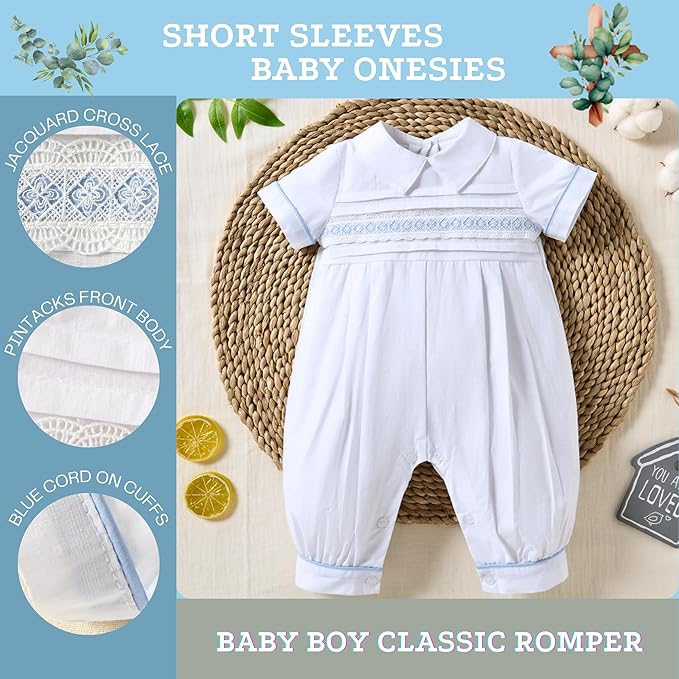 Booulfi Baptism Christening Outfits for Boys Easter White Romper Baby Romper Church Newborn Clothes