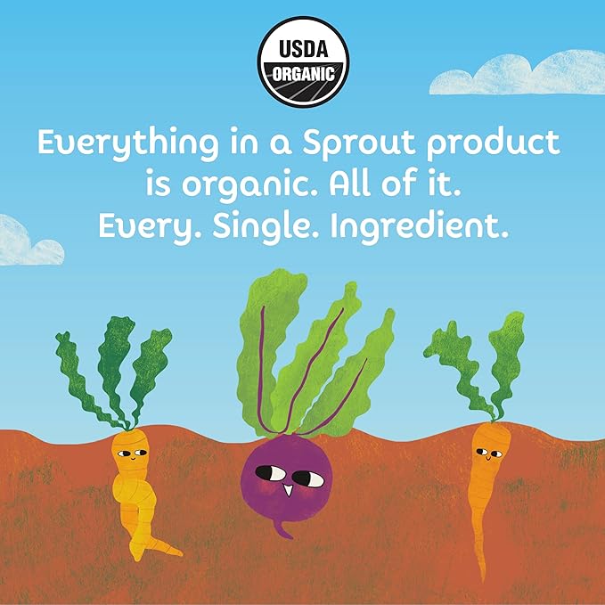Sprout Organics Baby Food, Root Veg & Beef, Creamy Veg & Chicken, Plant-Based Chickpea Protein Pack, 8+ Months, 4 Oz Purees (Pack of 18)