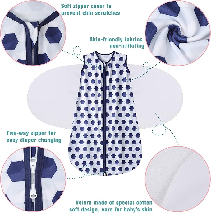 Newborn Sleep Sack Baby Swaddle,3-Way Adjustable Wearable Blanket,100% Rayon Cotton Swaddling Sleeping Bag,TOG 0.5 (Soccer & Triangles, 0-3 Months)