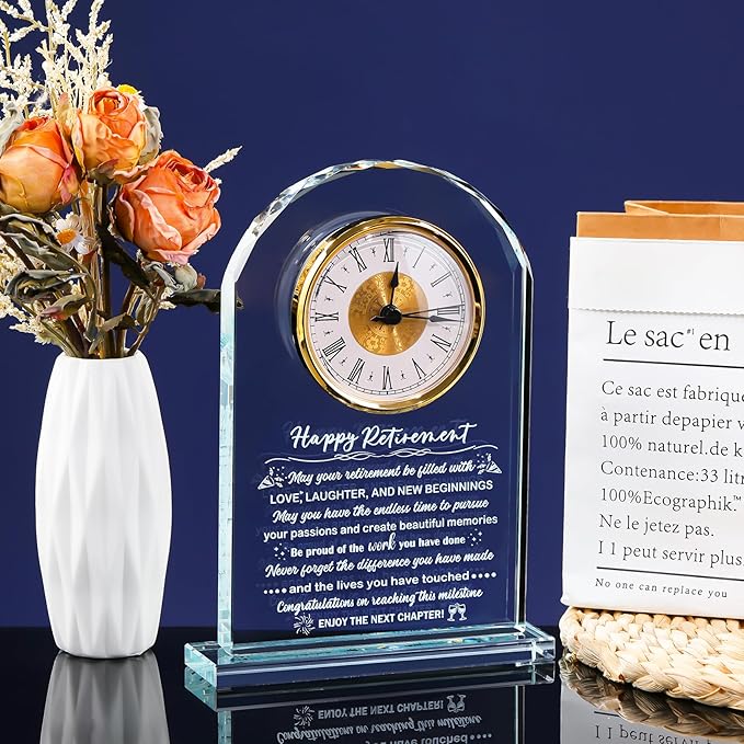 Glass Retirement Clock Gifts for Women Men, Happy Retirement Plaque Gift for Colleagues Boss Friends, Farewell Goodbye Gift Idea for Her Going Away, Retired Keepsakes for Teacher Doctor