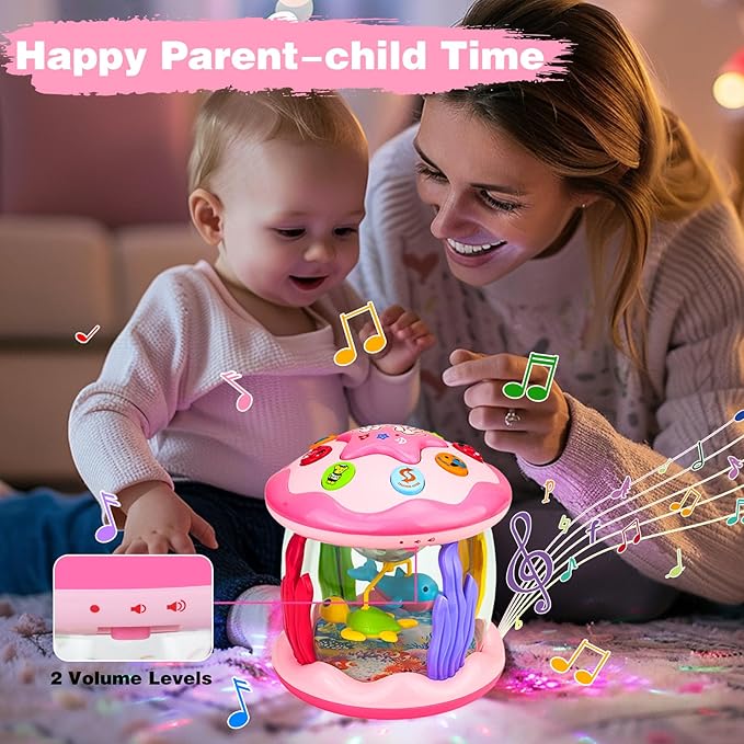 Hapyland Baby Toys 6-12 Months Girl Gifts: Babies Ocean Rotating Light Up Musical Toys for Toddlers 1 2 Year Old Crawling Learning Infant Toy 6 7 8 9 10 11 12 Months Old Baby Girl Gift (Pink)